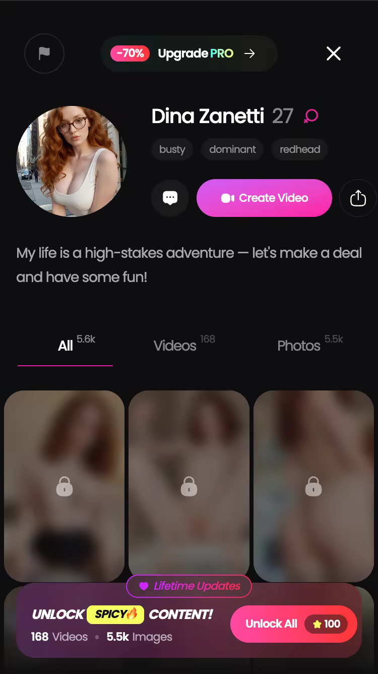GoLove.ai character profile with her video and photo library — ai girlfriend mydreamcompanion.com