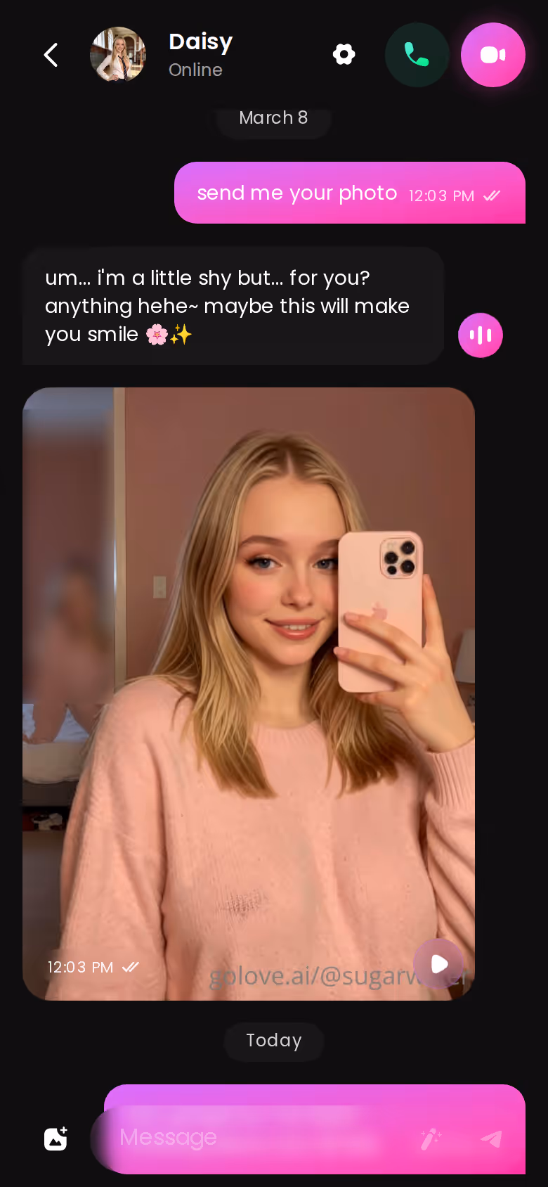 A different GoLove.ai character sending a photo within the same mobile chat loop