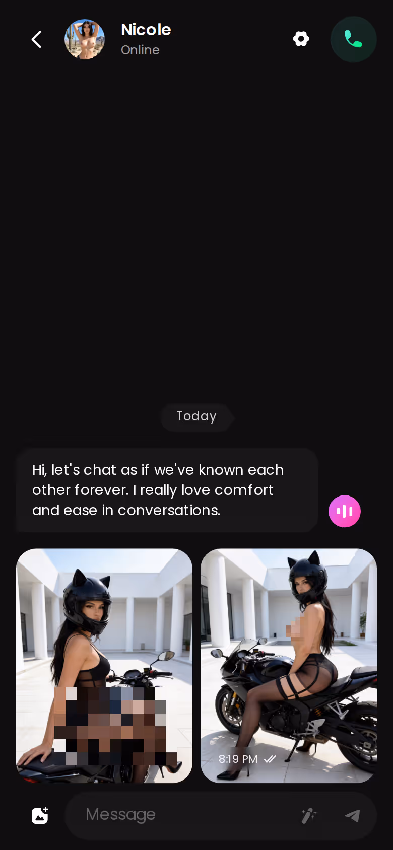 GoLove.ai mobile chat thread showing the message loop and the voice note button