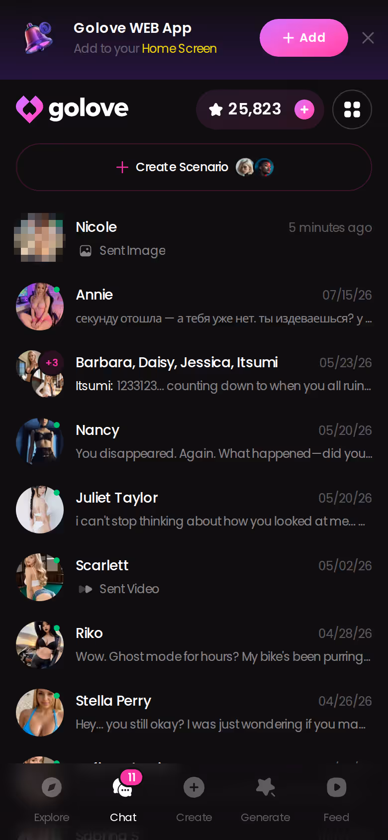 GoLove.ai mobile chats list showing a partner character alongside group scenario characters