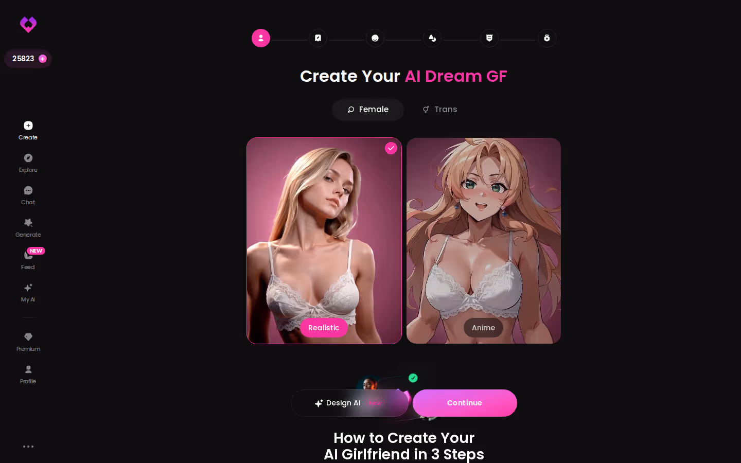 GoLove.ai Create wizard start screen with Female/Trans toggle and Realistic vs Anime cards