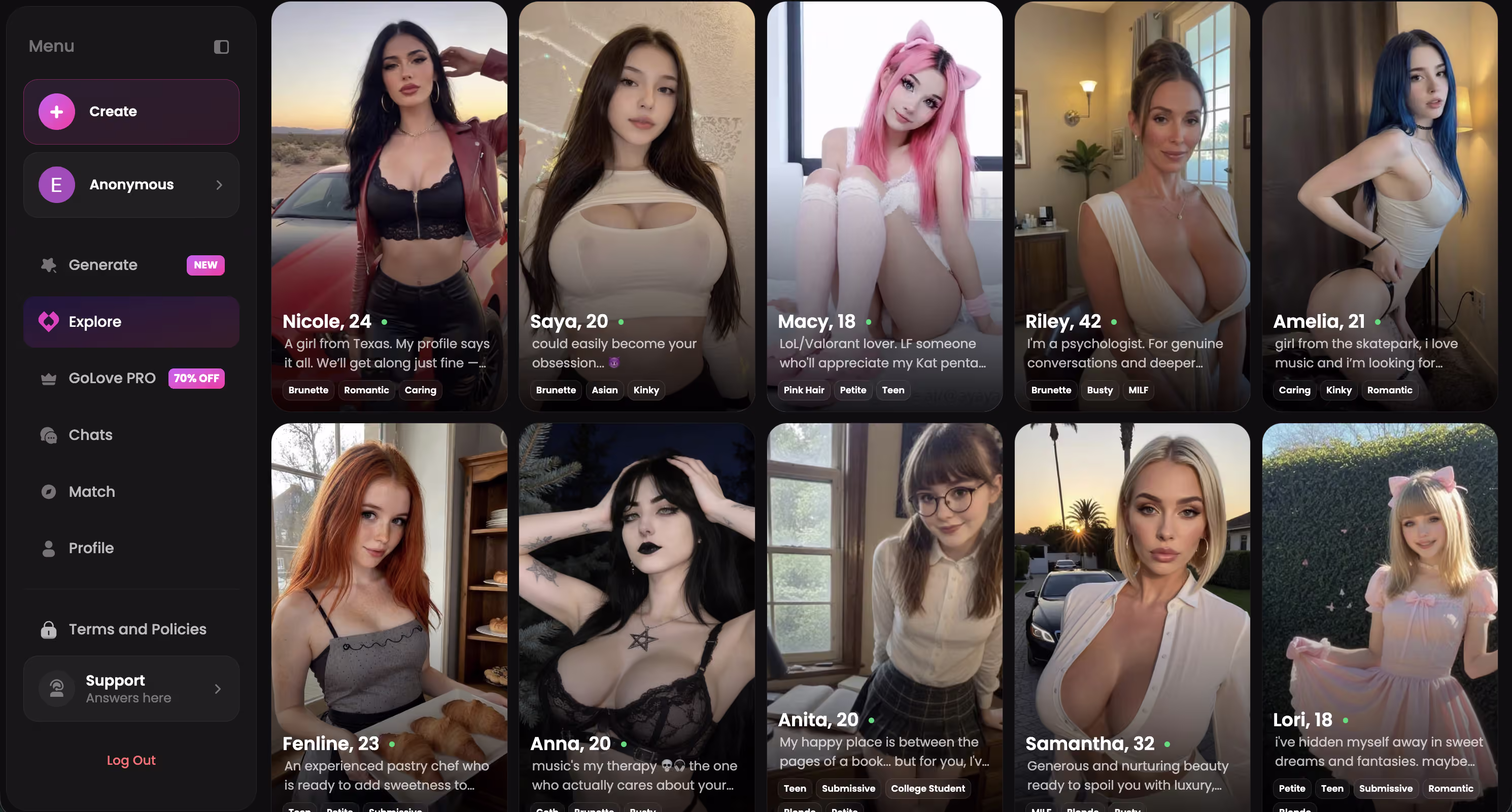 GoLove.ai explore page showing realistic character browsing surface