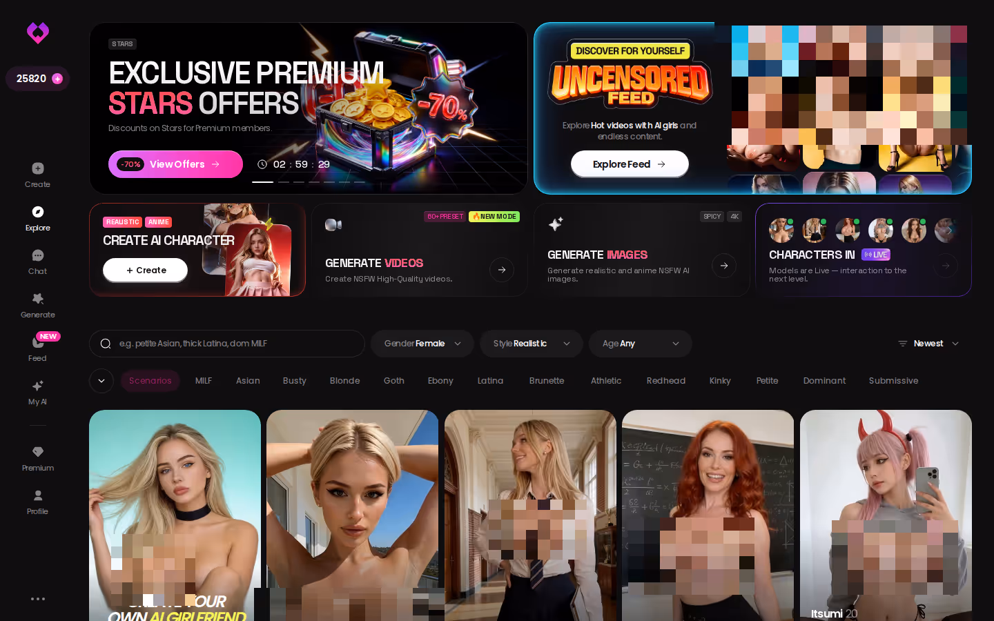 GoLove.ai Explore page with ready-made realistic AI girlfriends you can chat with before building your own