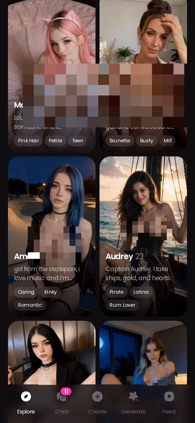 GoLove.ai mobile Explore feed of realistic characters, one tap into a voiced chat