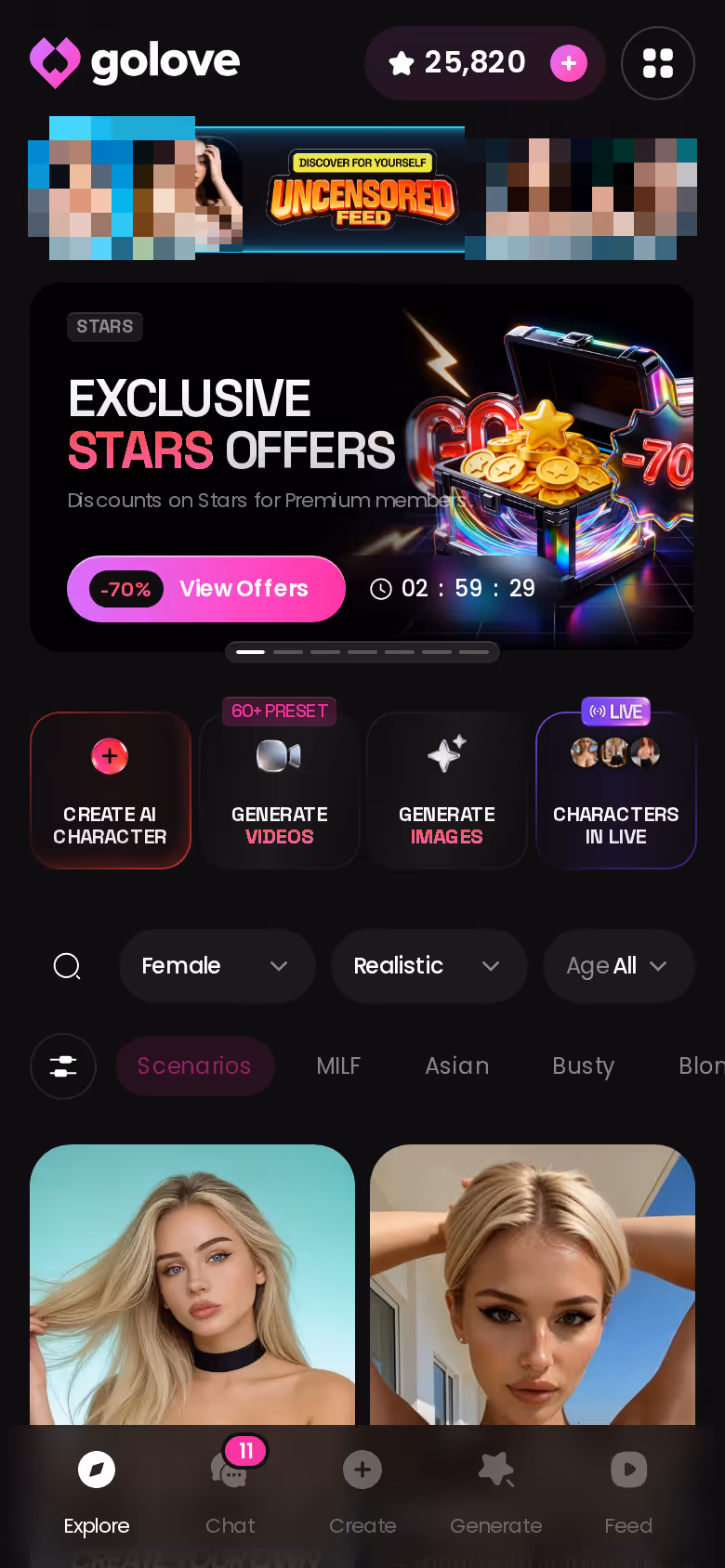 GoLove.ai Explore tab on mobile showing realistic AI characters to browse for a dom or sub dynamic
