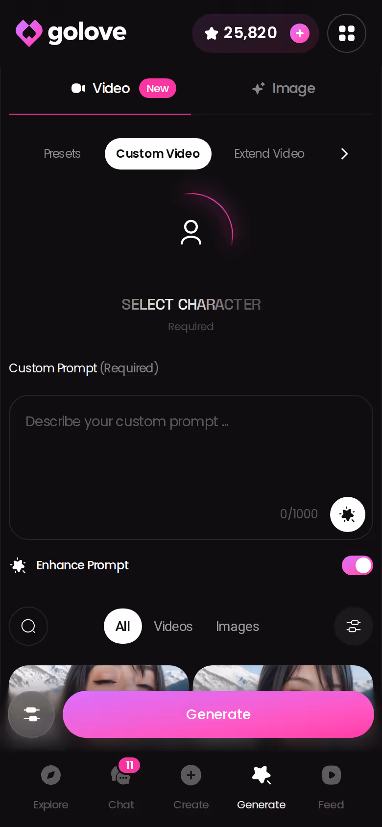 GoLove.ai custom video screen on mobile