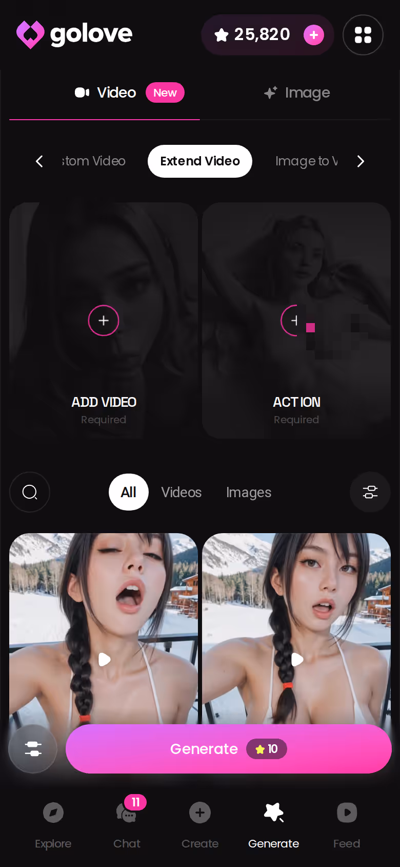 GoLove.ai mobile Extend Video control stretching a generated clip past its ending