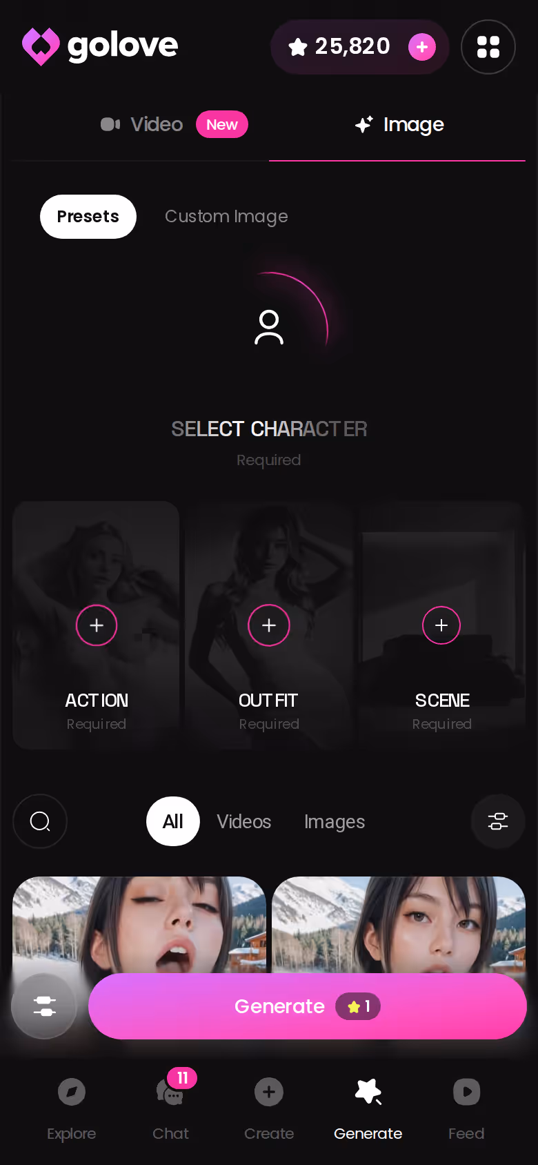 GoLove.ai image generator mode on mobile with preset pose, outfit and background options