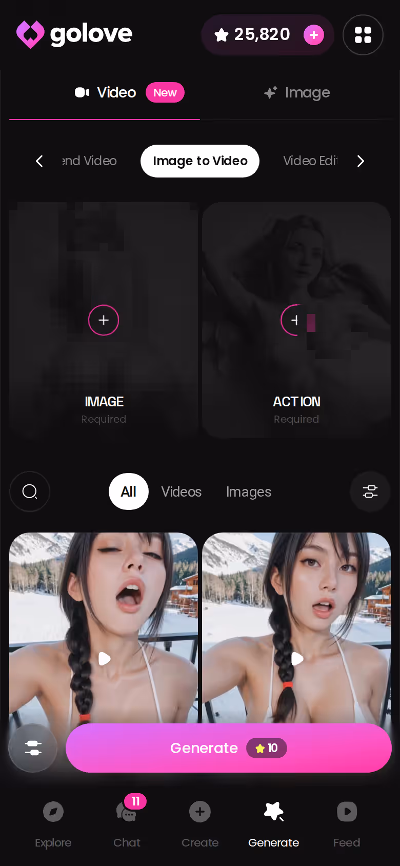 GoLove.ai Image to Video generator turning a character photo into a clip on mobile