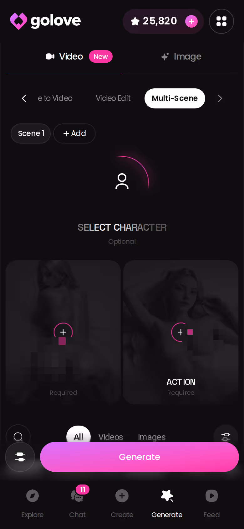GoLove.ai Multi Scene video builder running on a phone