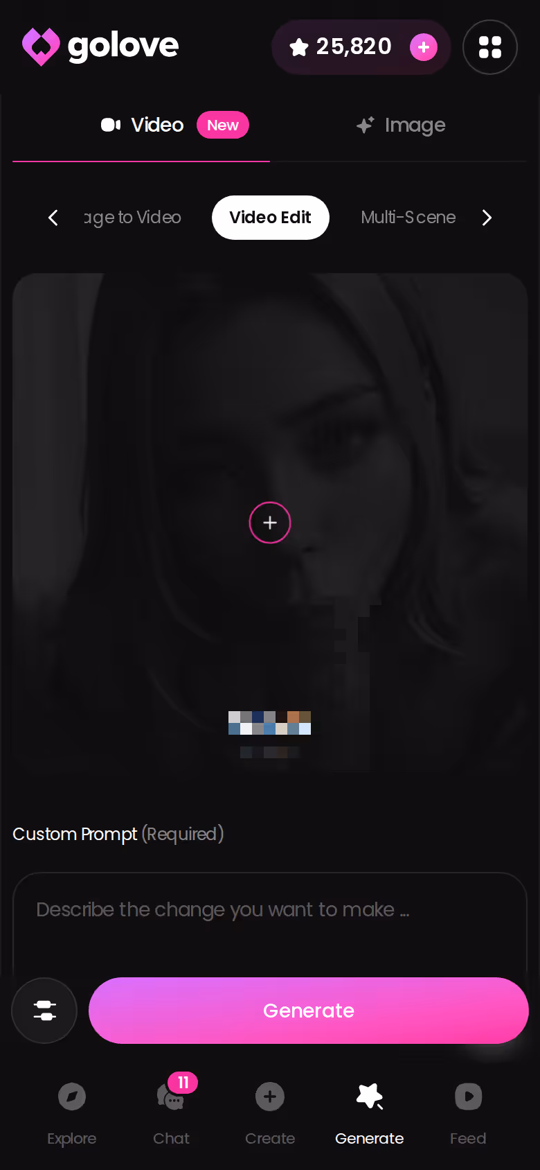 GoLove.ai video edit screen on mobile inside the Generate tab
